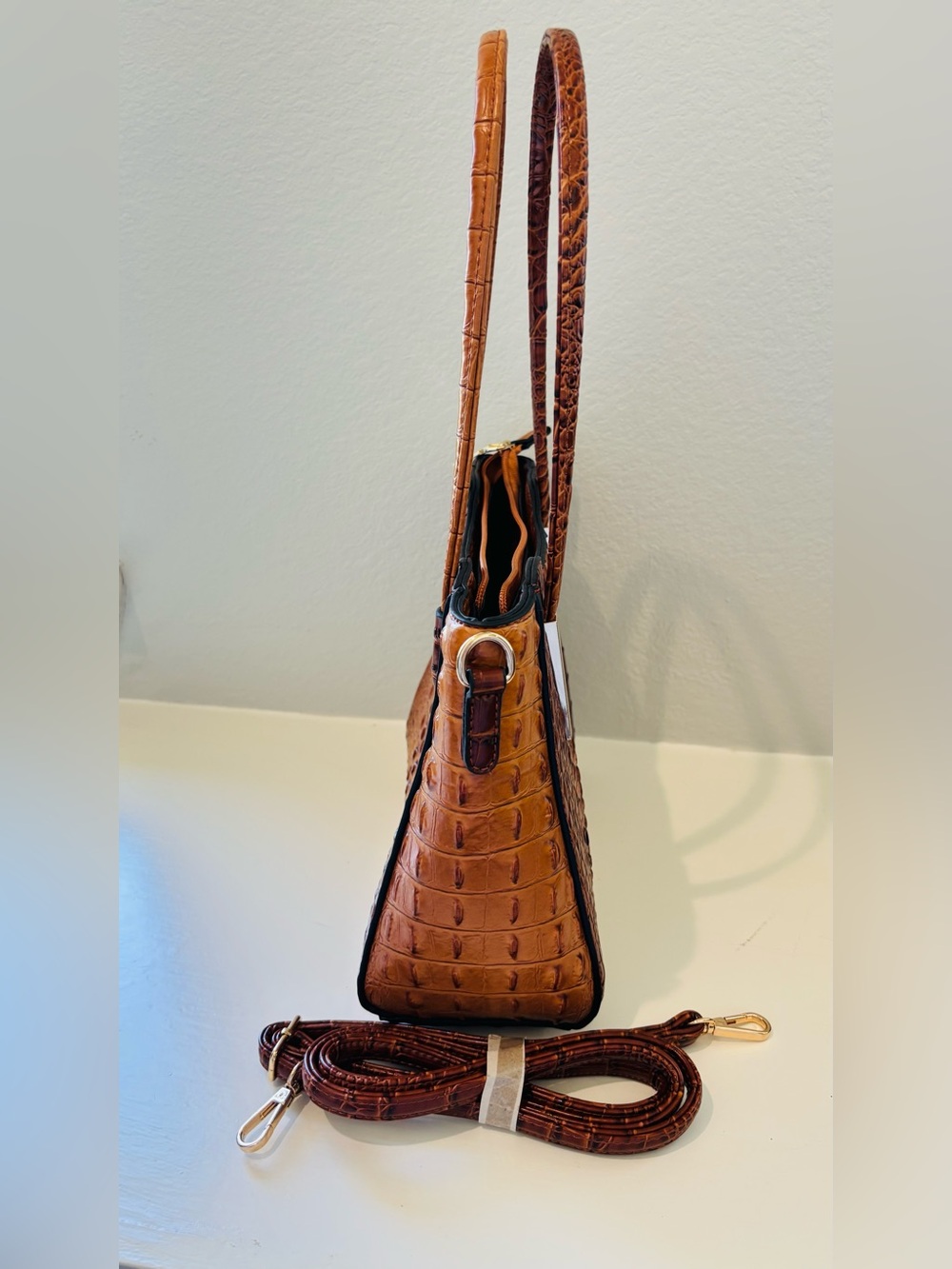Croc-Embossed Shoulder Tote in Cognac Brown with Gold Accents and strap - Picture 15 of 15